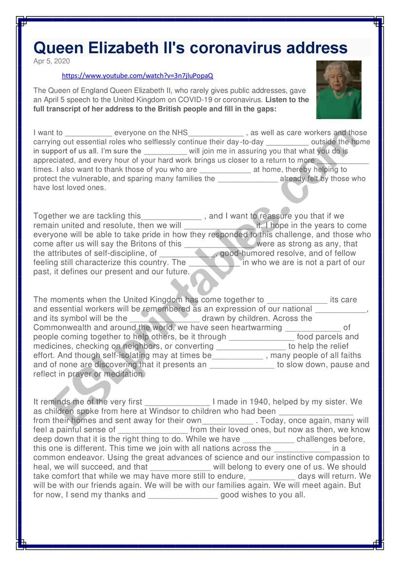 Queen Elizabeth IIÃ¯Â¿Â½s coronavirus address - April 5 - 2020