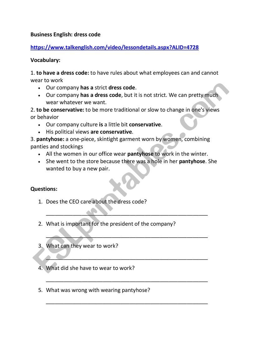 Dress code worksheet