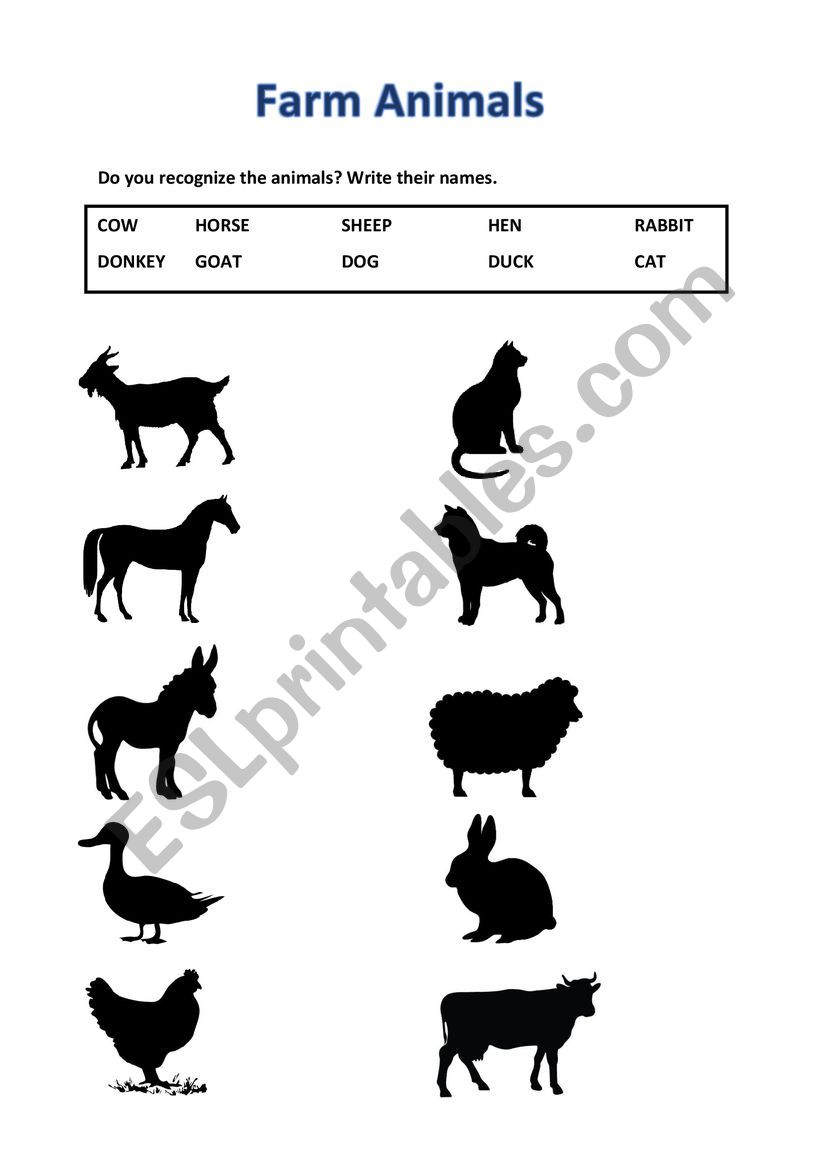 Farm animals - shadows worksheet