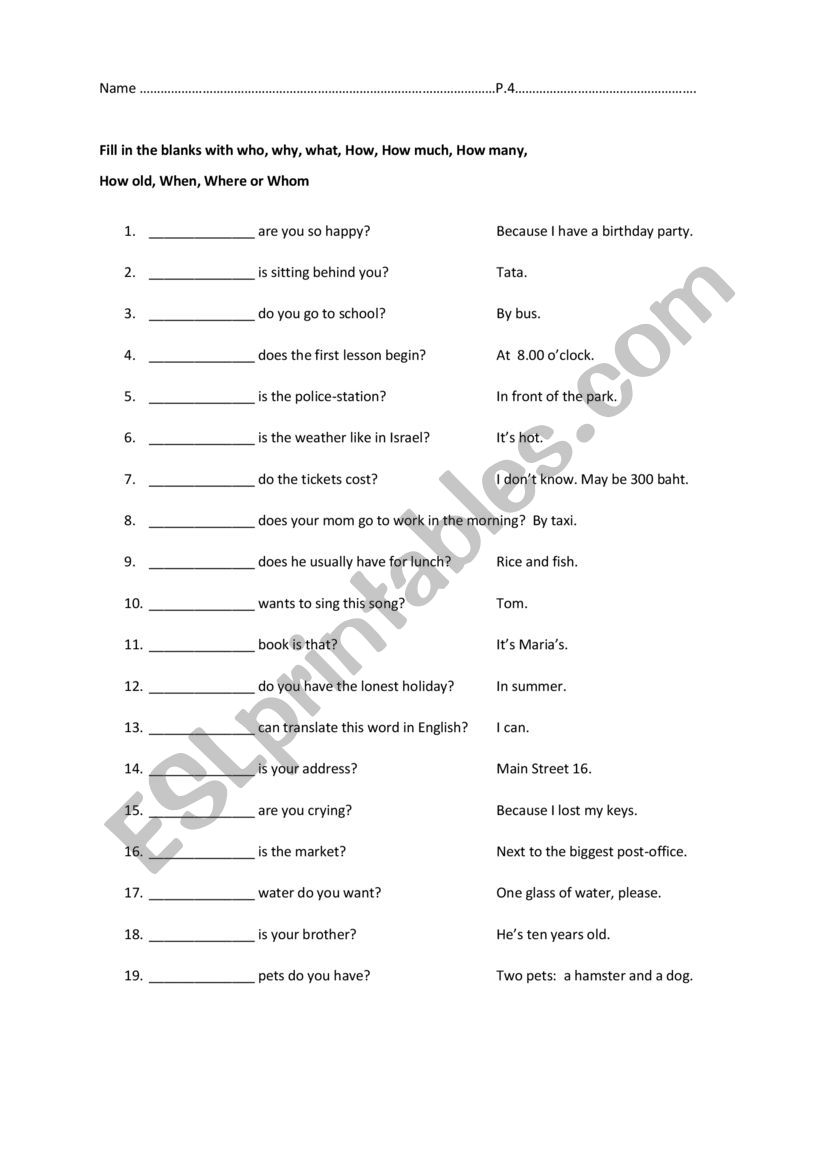 Question words worksheet