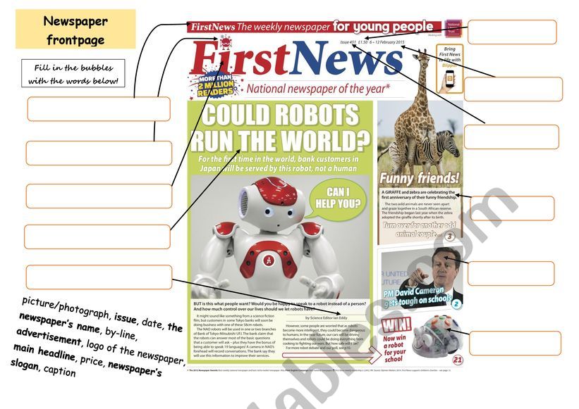 Newspaper frontpage worksheet