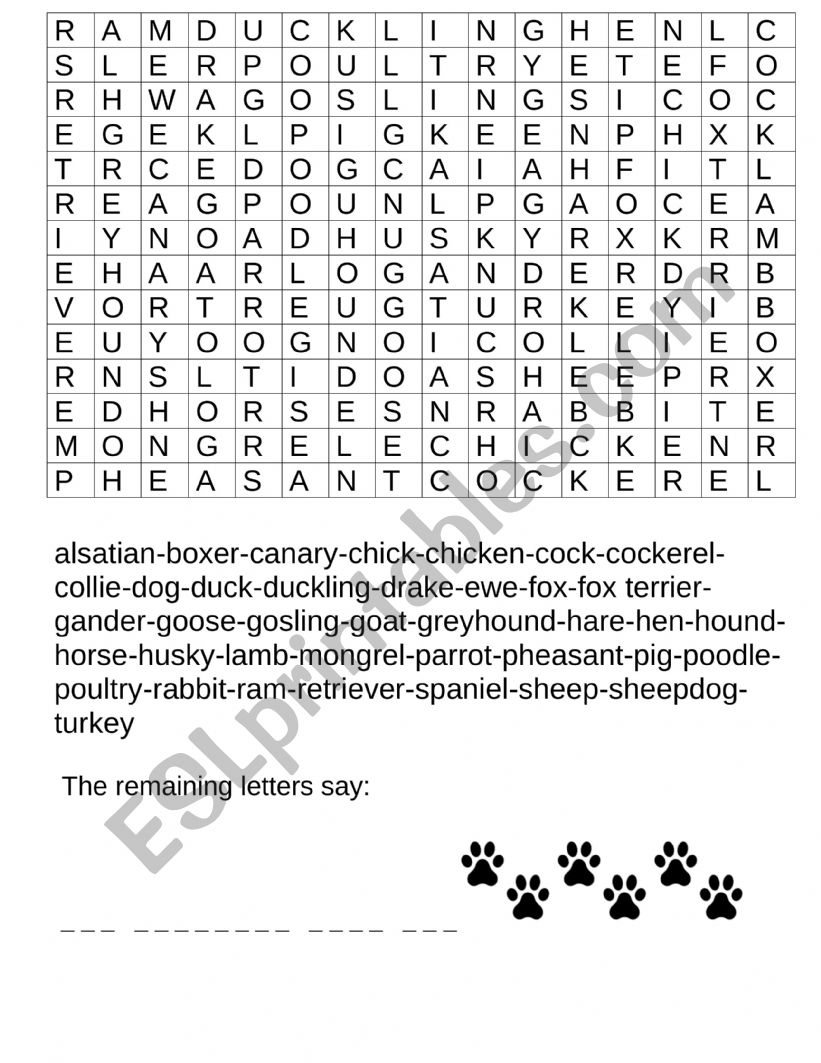 WORDSEARCH: ANIMALS (FARM) worksheet