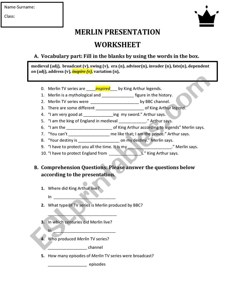 King Arthur Legend and MerlinPPT_ worksheet (easy version)