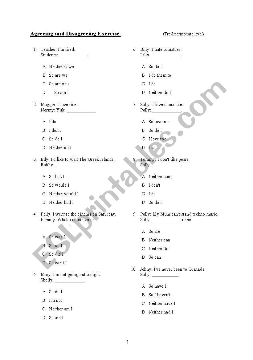 agreeing and disagrreing worksheet