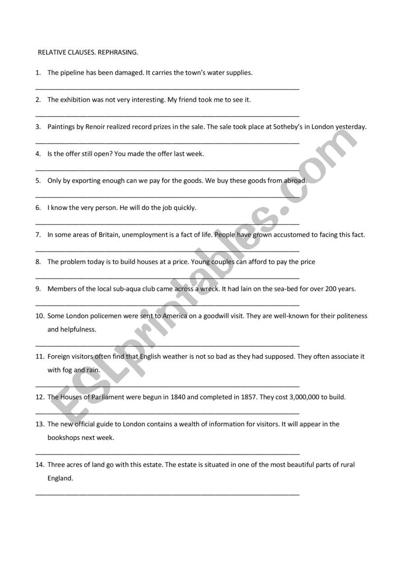 Relative Clauses rephraising worksheet