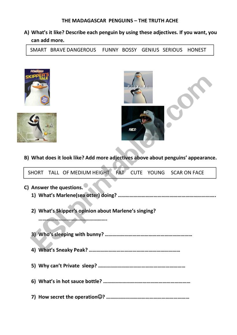 Madagazcar Penguin worksheet