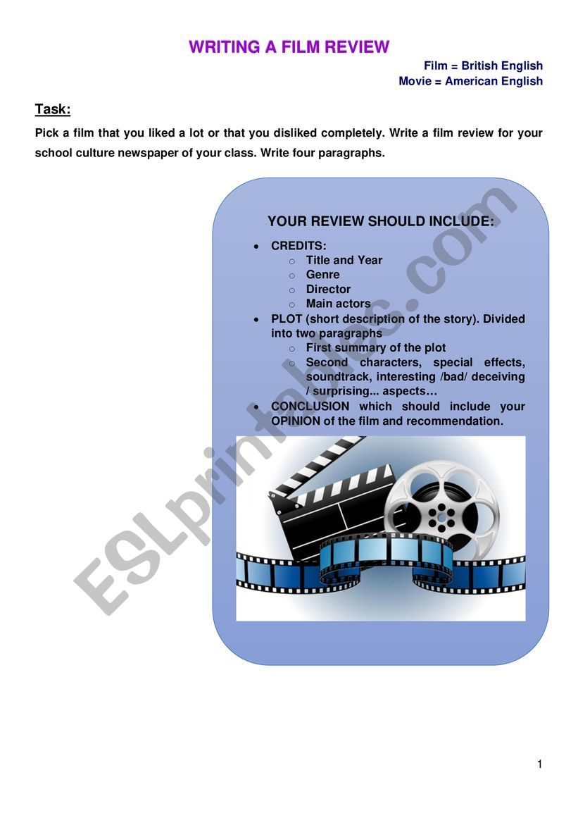 Writing a Film review guide worksheet