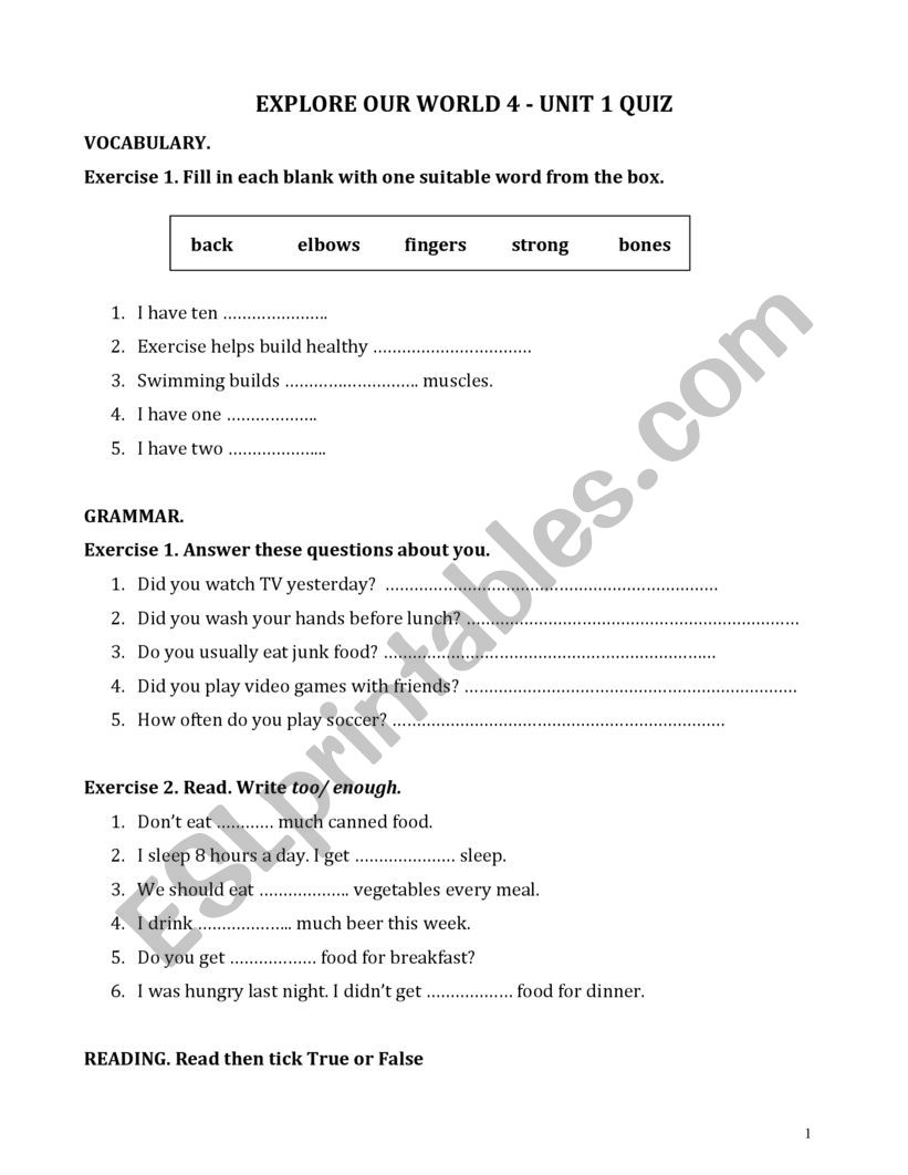 Junior Explorer 4 Unit 1 Test Explore Our World 4 Unit 1 Test - ESL worksheet by grassntt