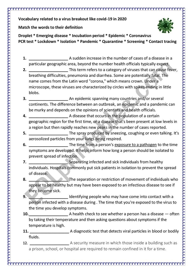 Vocabulary related to a virus breakout like covid-19 in 2020