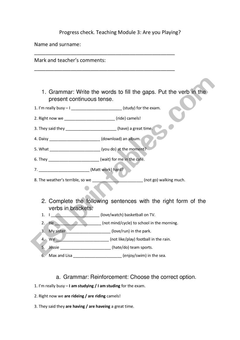 Progress check exam worksheet