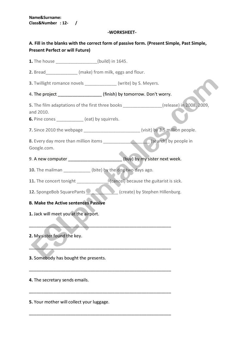 Passive Form worksheet