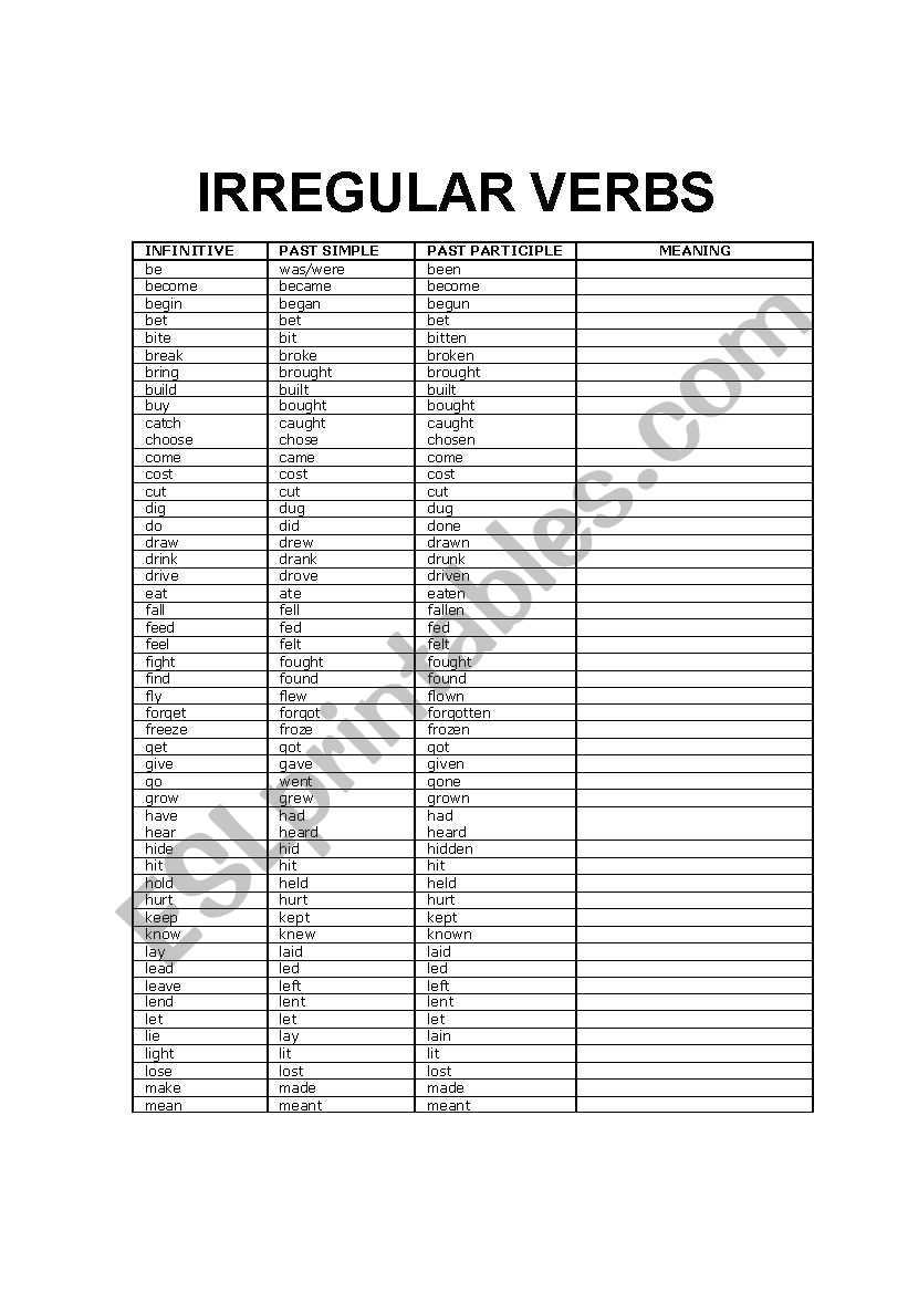Irregular Verbs worksheet