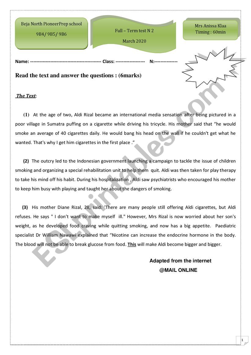 9th form full-term test 2 worksheet