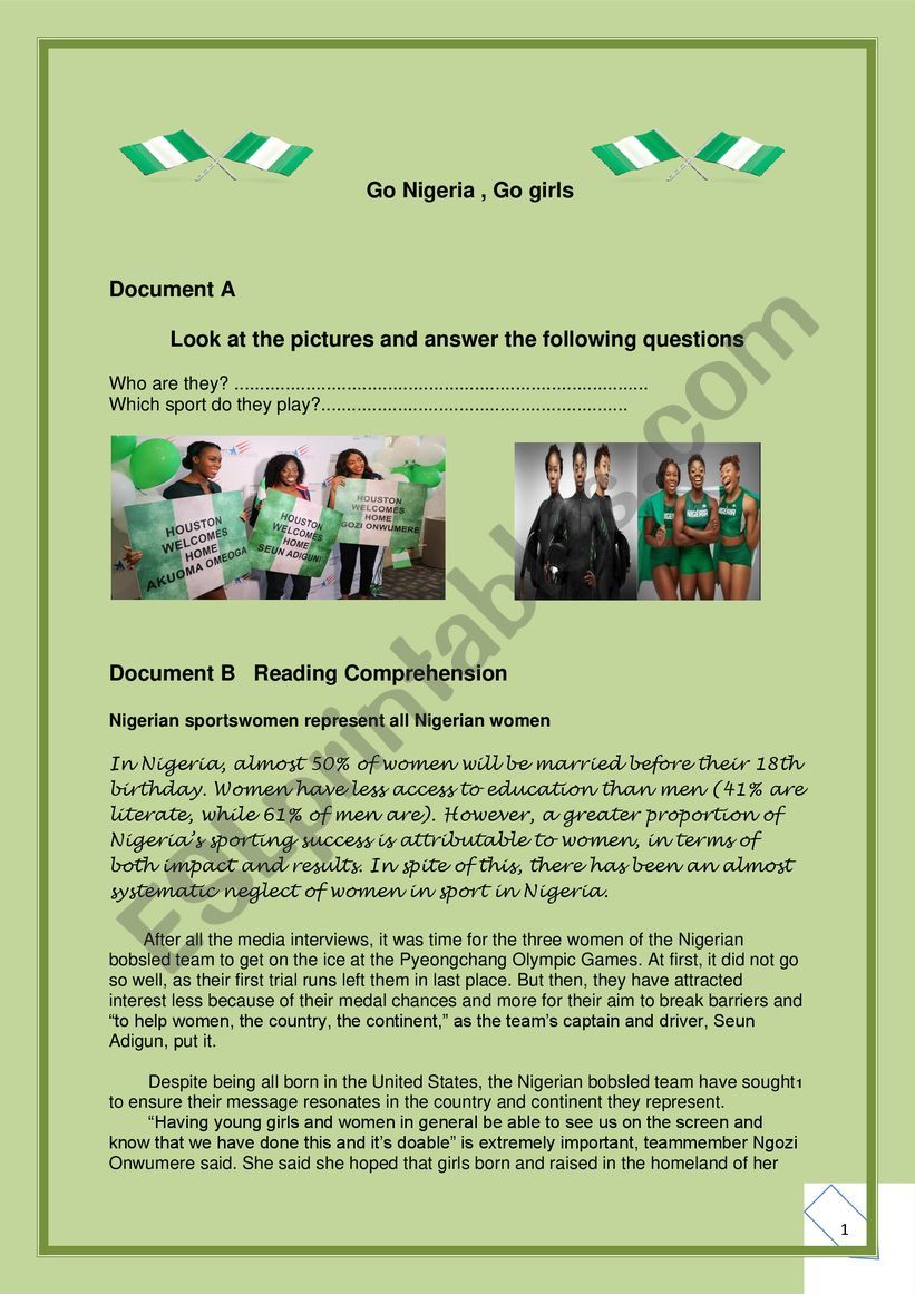 Go Nigeria , Go girls  worksheet