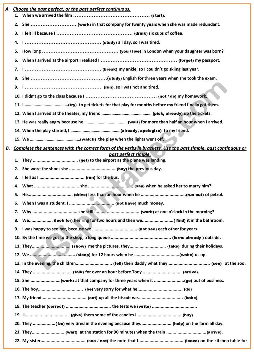 The past perfect worksheet