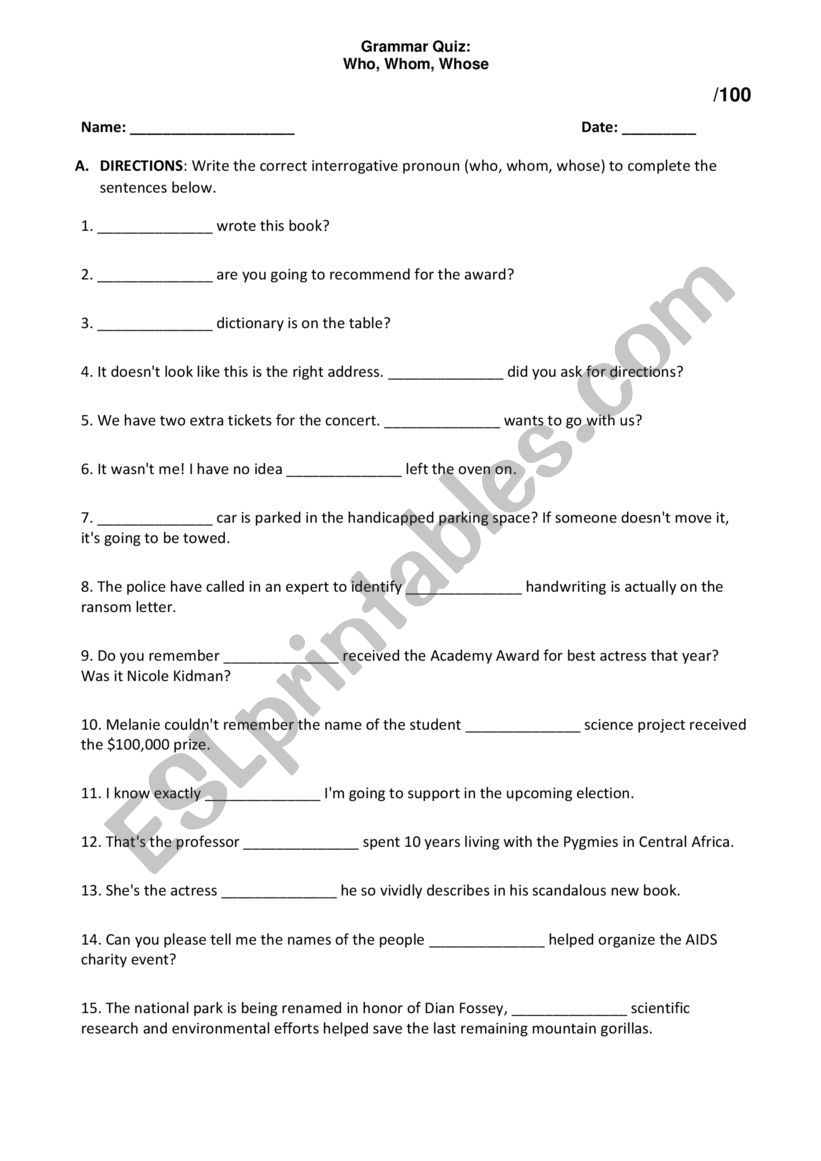 Who, Whom, Whose Quiz worksheet