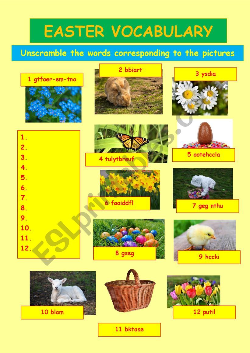 EASTER VOCABULARY 5 - unscramble the words under the pictures (key included)