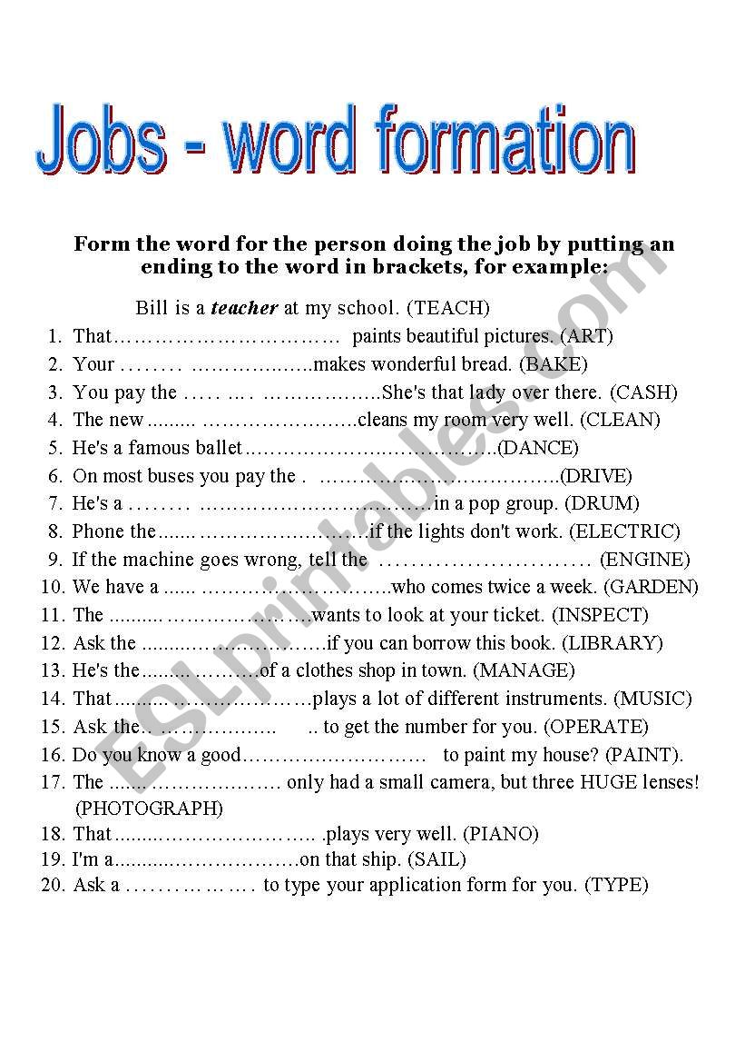 Word formation - jobs worksheet