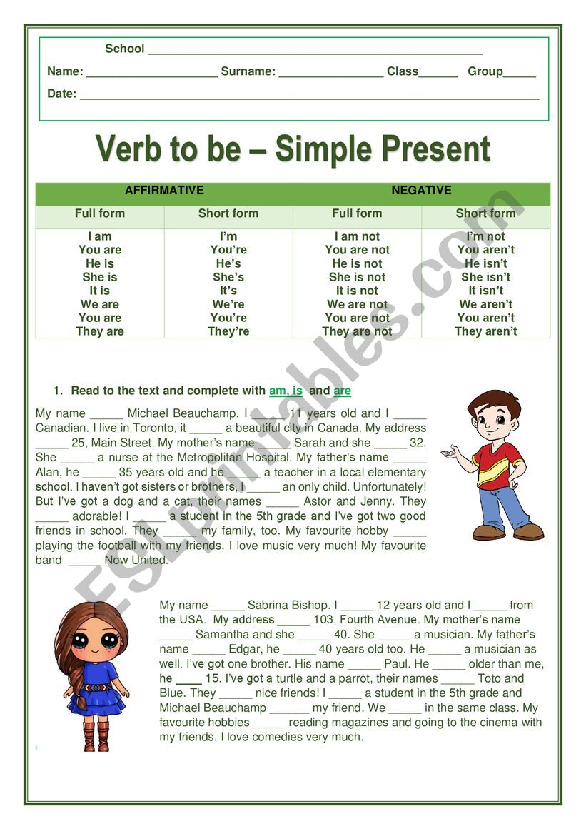 Verb to be - Simple Present - ESL worksheet by rody