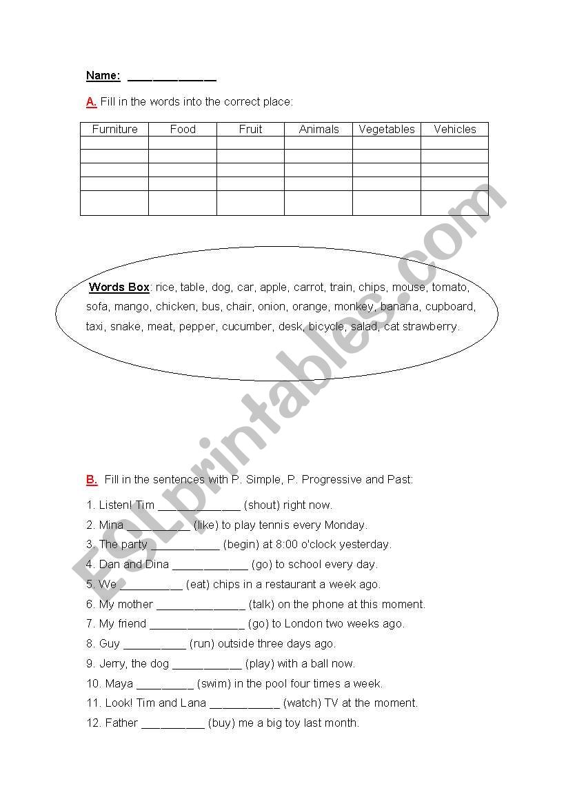 Categories and tenses worksheet