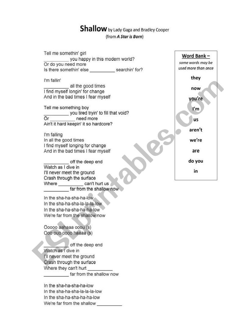 Shallow - Lady gaga worksheet