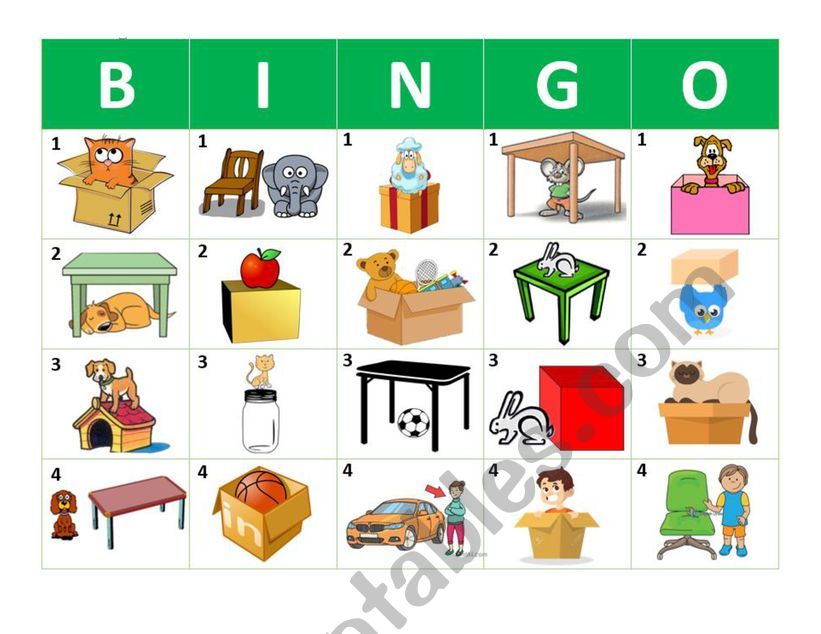 BINGO PREPOSITIONS I worksheet