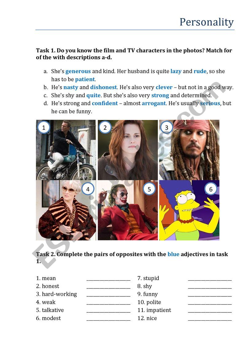 Describing characters worksheet