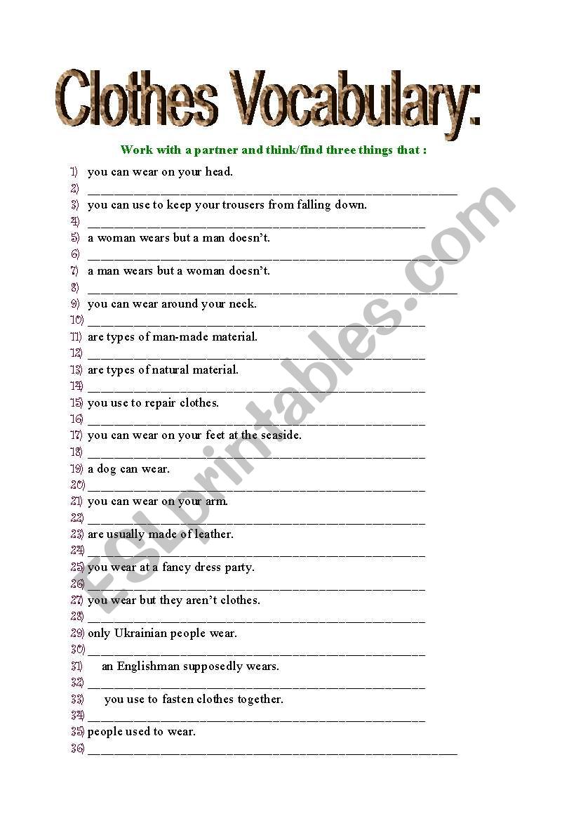 Clothes worksheet