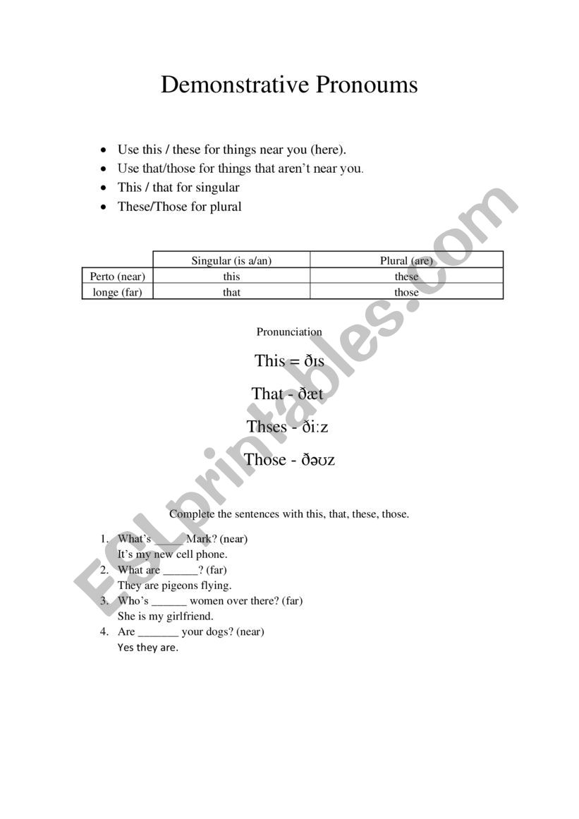 Demonstrative Pronouns worksheet