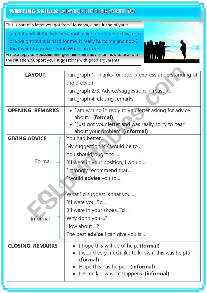 writing skills advice letter  worksheet
