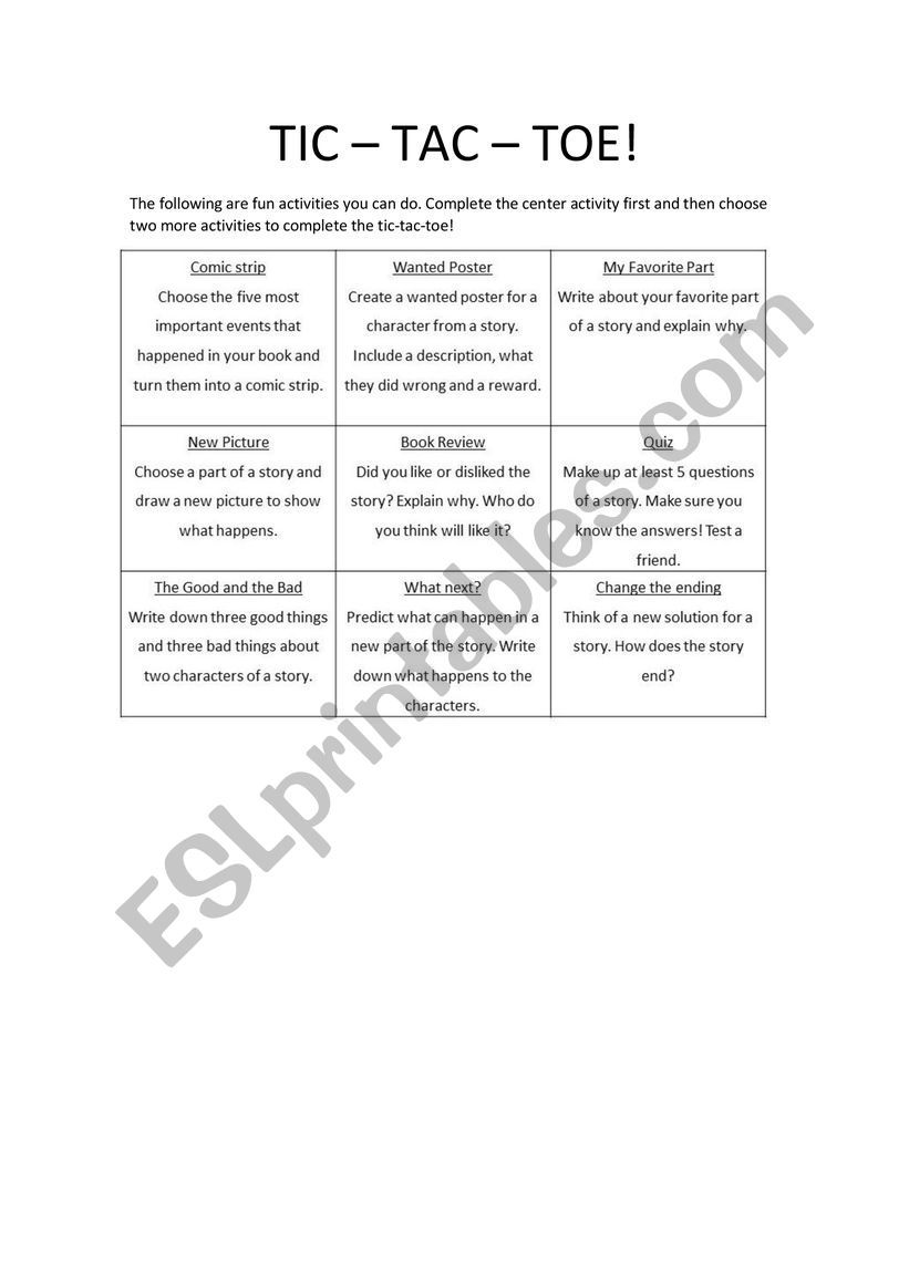 Tic Tac Toc for any story worksheet