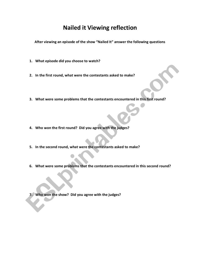 Nailed it Tv show viewing question sheet