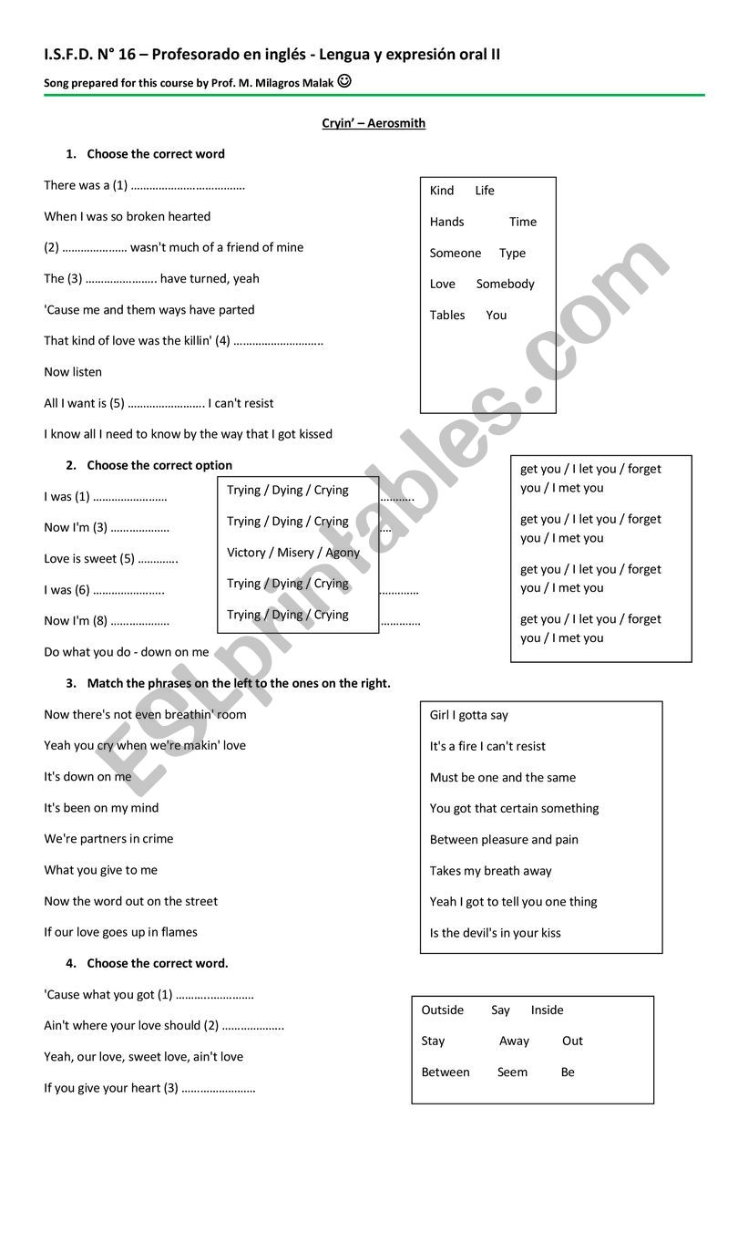 Cryin worksheet