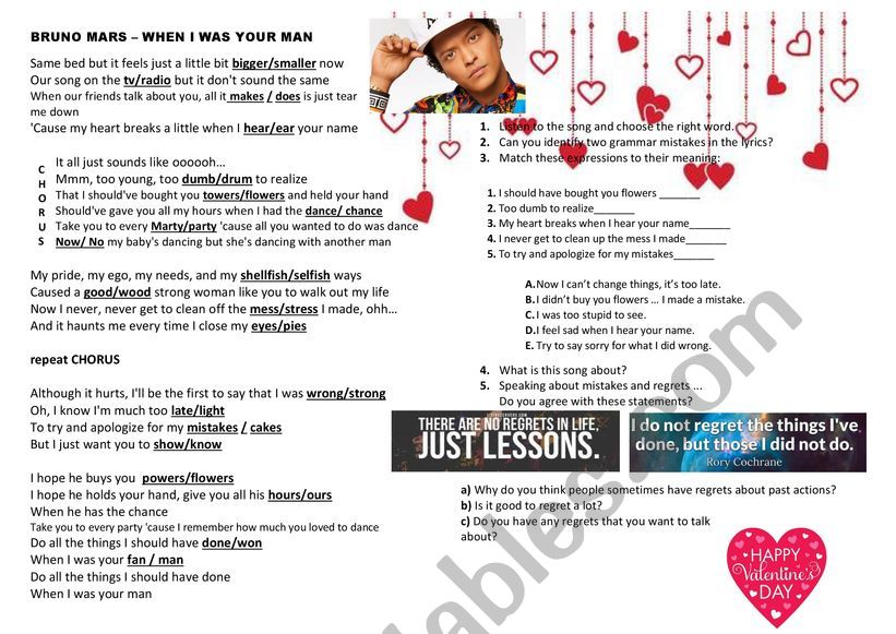 Song When I was your man worksheet