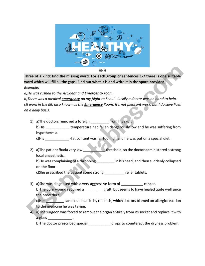 Health vocabulary worksheet