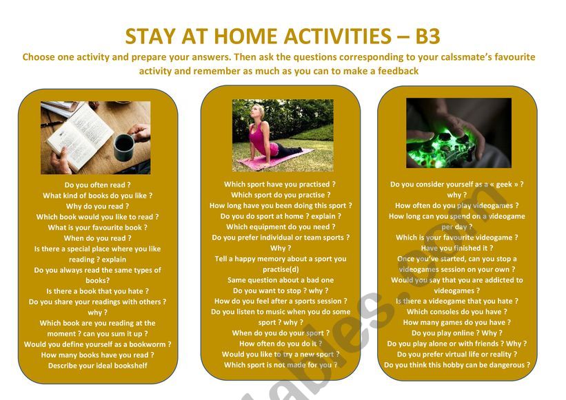 STAY AT HOME ACTIVITIES B3 worksheet