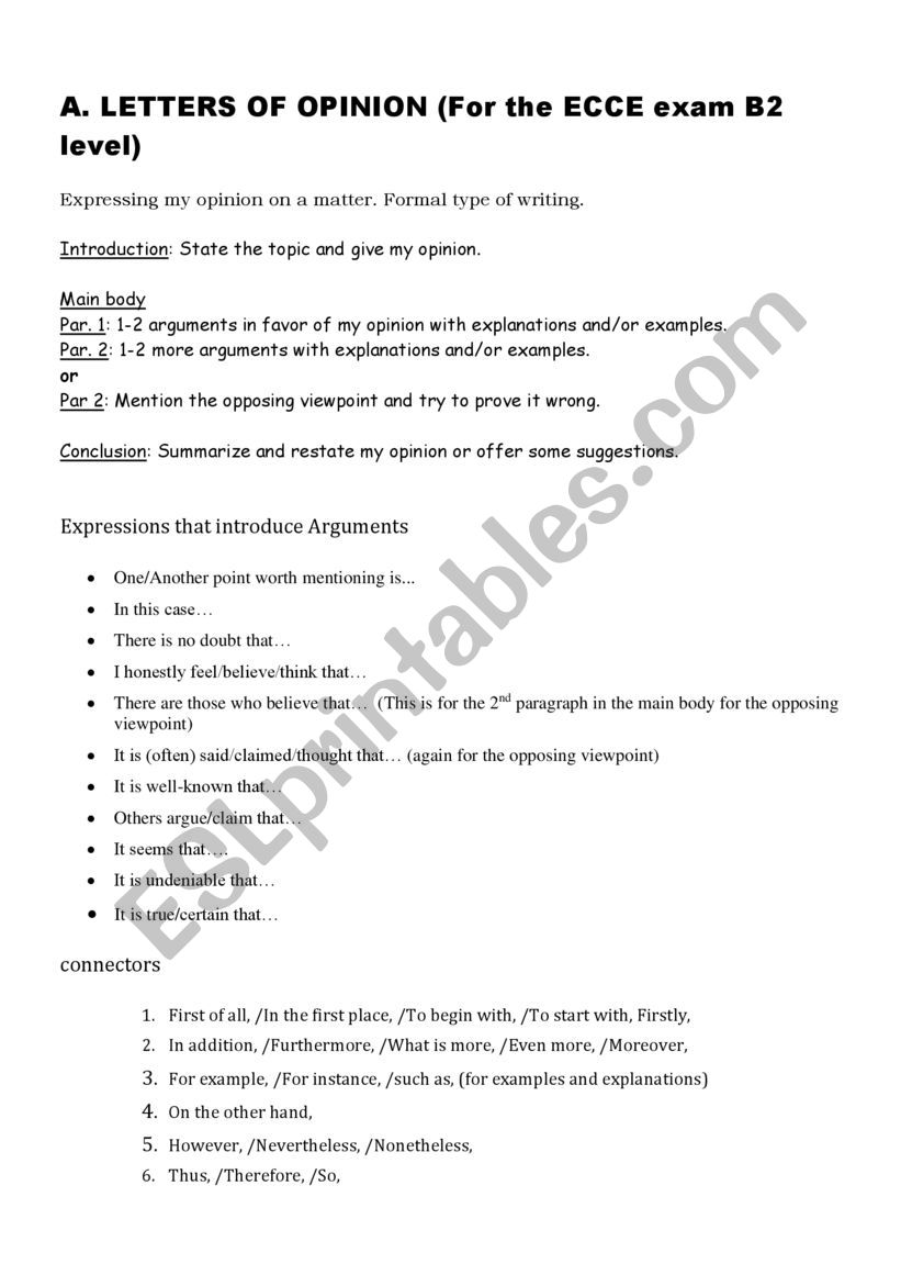 Letters of opinion  worksheet