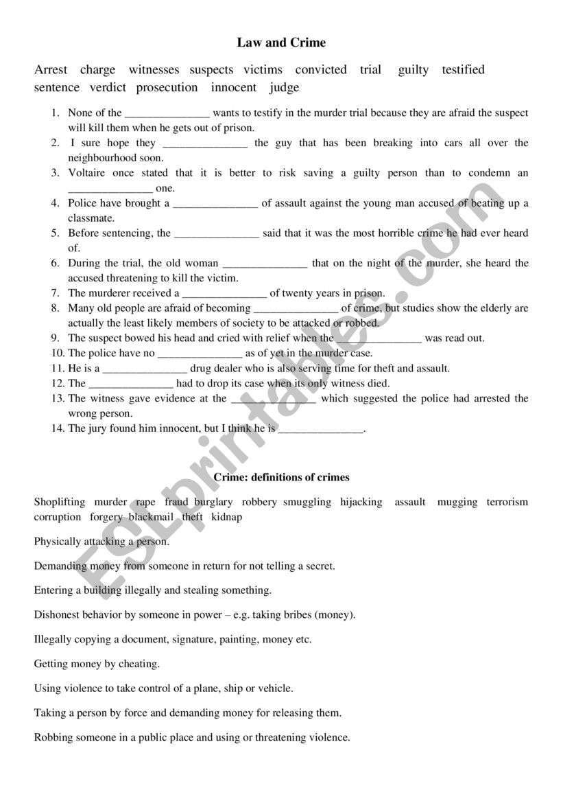 Law and crime vocabulary worksheet