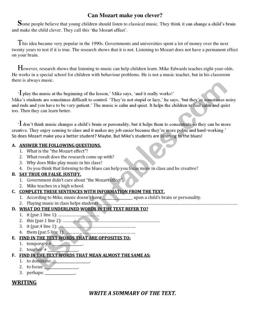 Can Mozart make you clever? worksheet