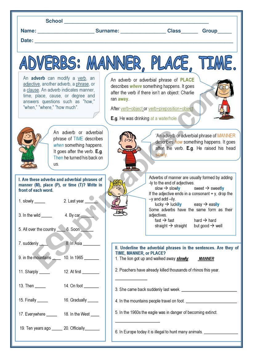 Adverb Of Time Place And Manner Worksheets For Grade 2