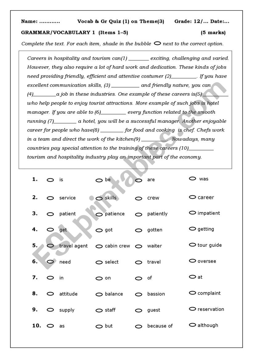vocabulary and grammar quiz worksheet