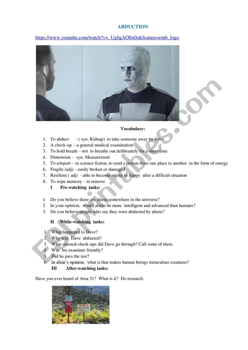 ABDUCTION is a video worksheet for a discussion or as a home assignment 