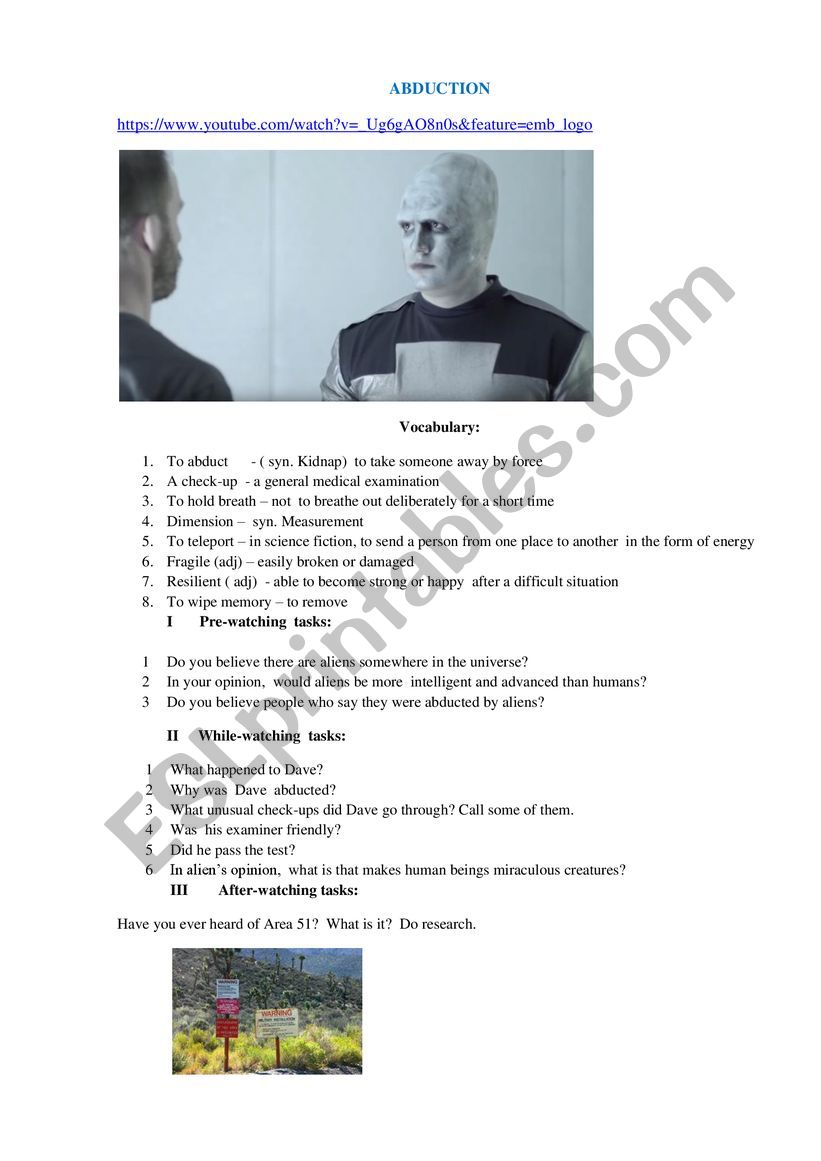 ABDUCTION is a video worksheet for a discussion or as a home assignment 