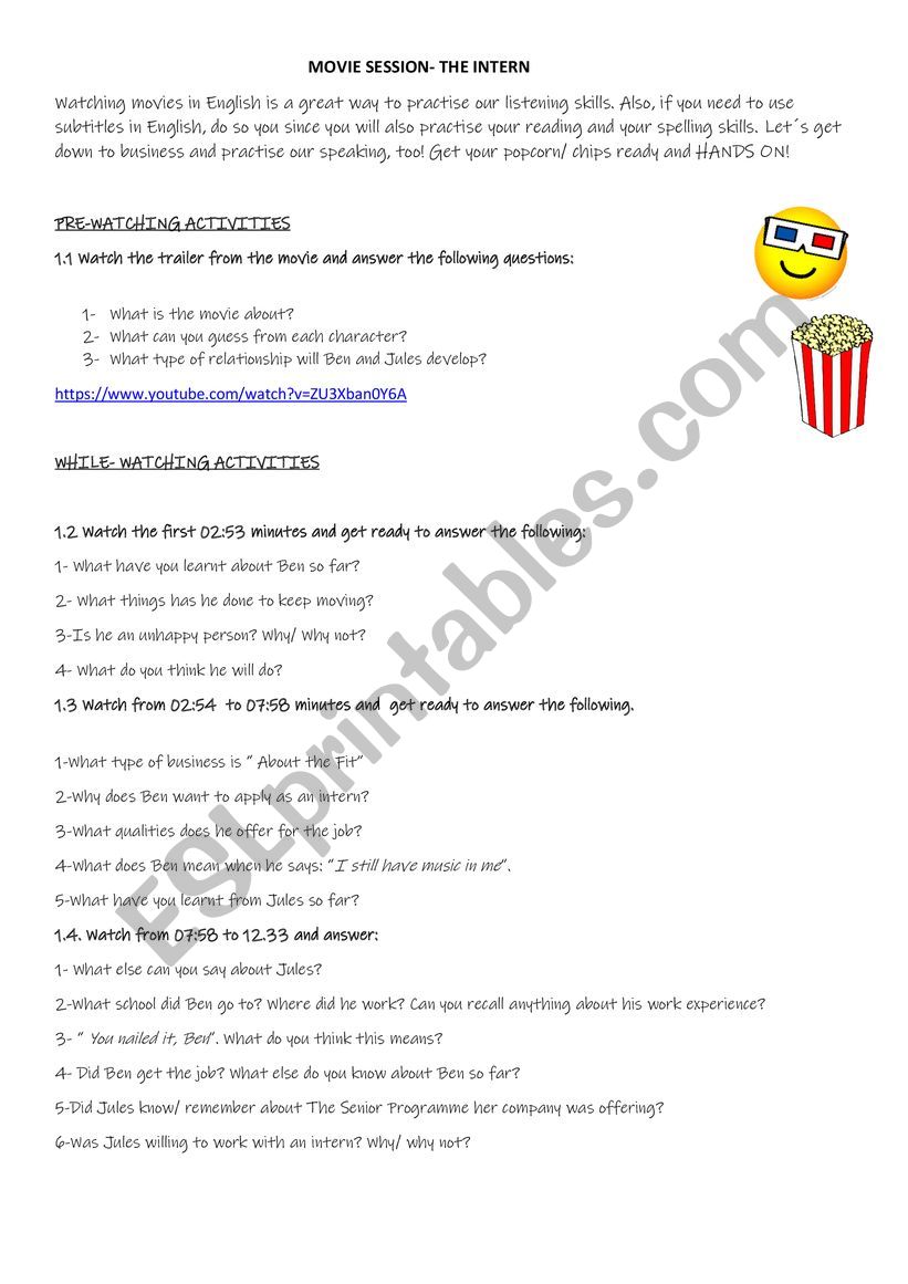 The Intern Movie Session worksheet
