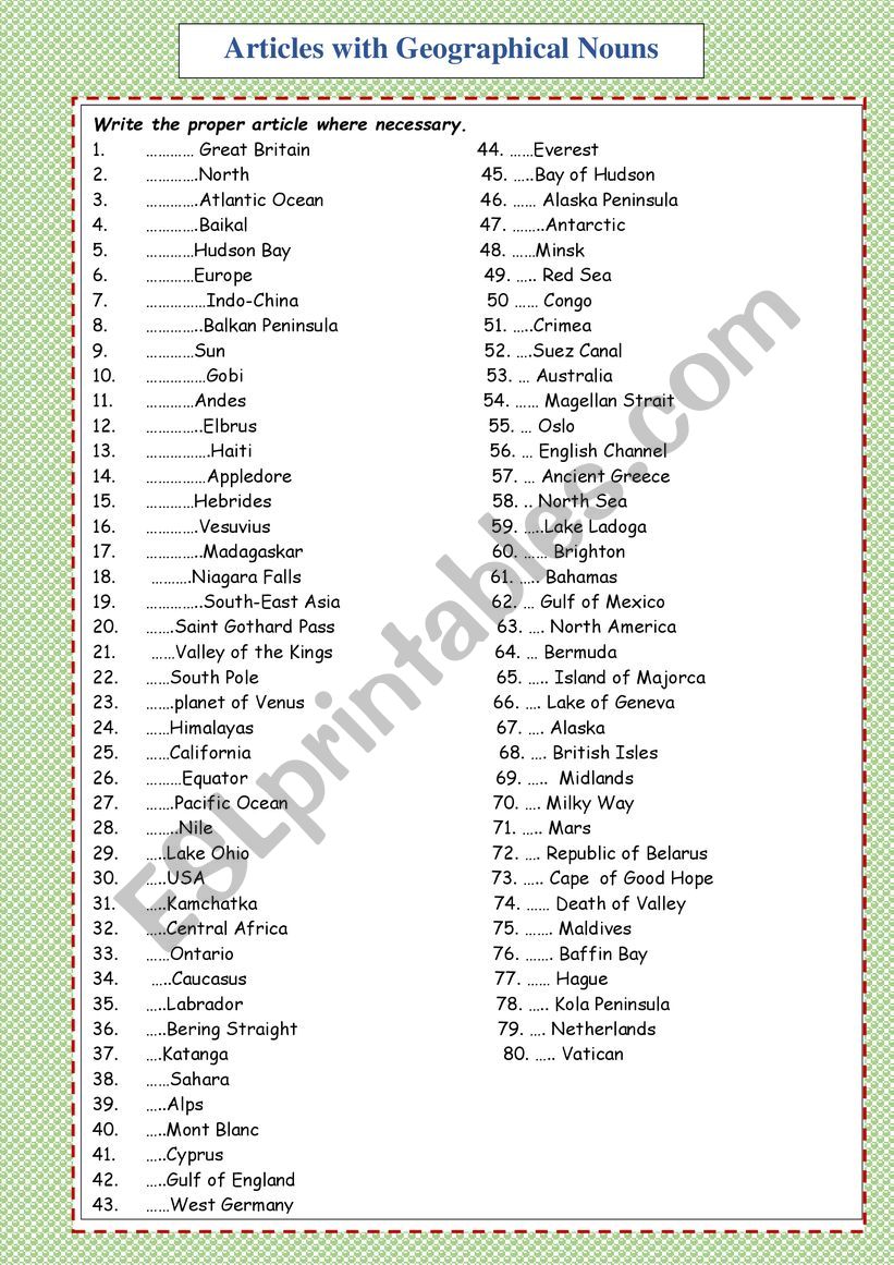 Articles with geographical names. 