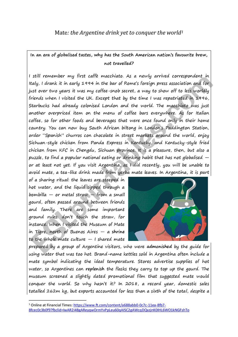 Reading and Vocabulary worksheet about Yerba Mate