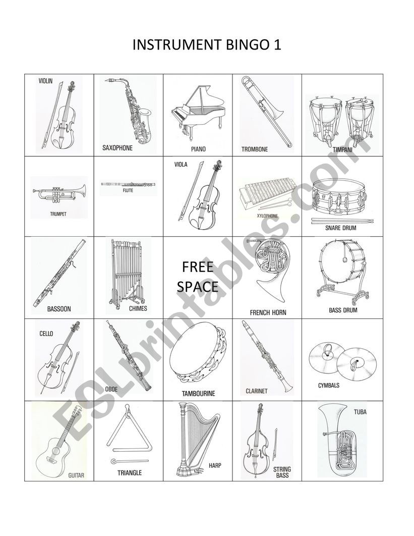 Instrument Bingo Board #1 worksheet