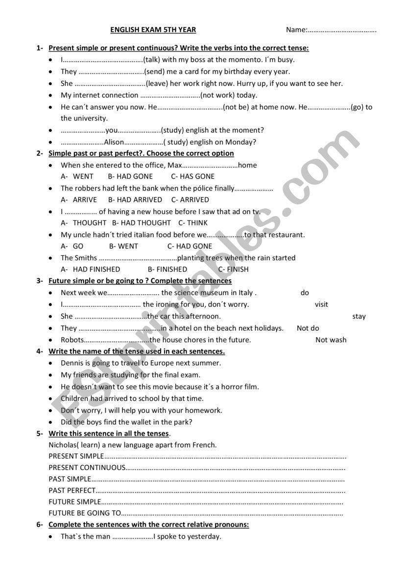 english test worksheet