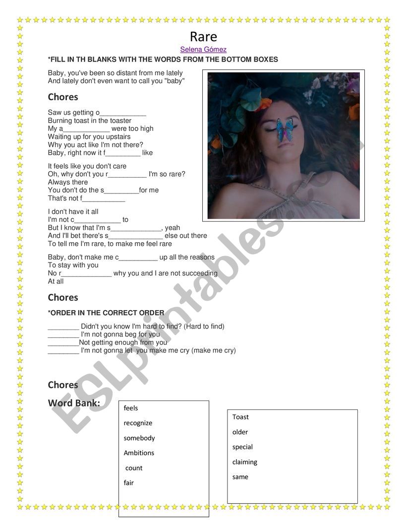 rare selena gomez worksheet