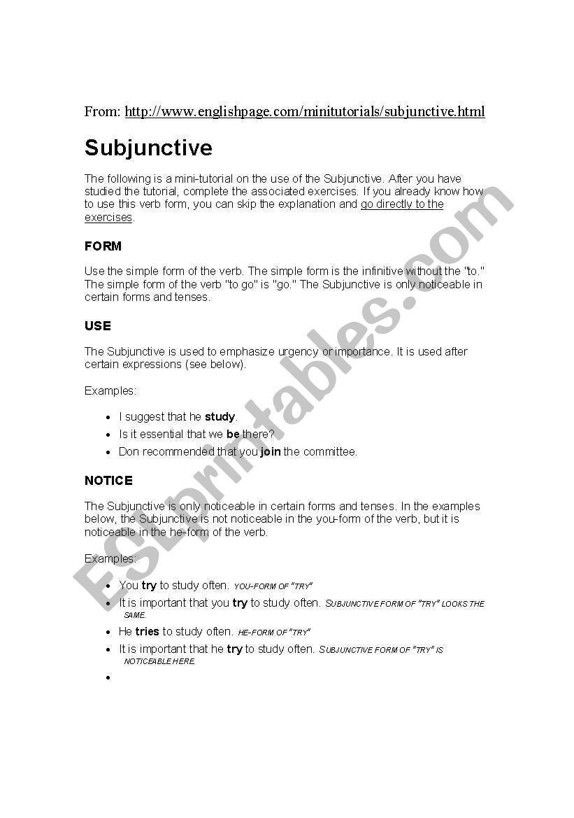 subjunctive  worksheet